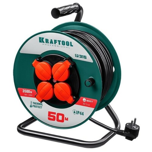 фото P-315 удлинитель на катушке, 50 м, 3500 вт, 4 гнезда, ip44, пвс 3x1,5 кв. мм, kraftool 55084-50