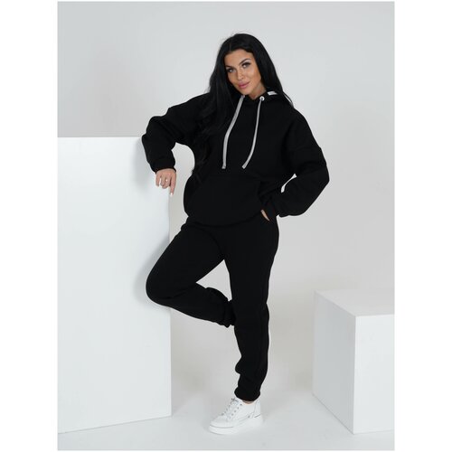 фото Костюм lovetex.store, худи и брюки, спортивный стиль, оверсайз, утепленный, капюшон, карманы, размер 44, черный
