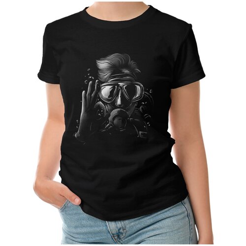 фото Женская футболка «дайвер в маске - рисунок карандашом» (xl, черный) roly