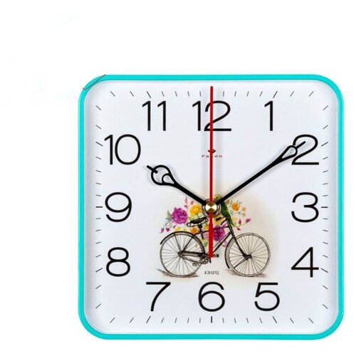 фото Часы настенные квадратные светлые рубин велосипед 1918-103 для спальни с плавным ходом арабскими большими цифрами секундная стрелка пластиковый корпус минеральное стекло белый циферблат от пальчиковой батарейки аа высота 18.5 см