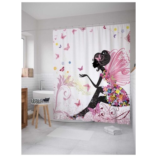 фото Штора (занавеска) для ванной "фея в цветочном платье" из сатена, 180х200 см с крючками, joyarty