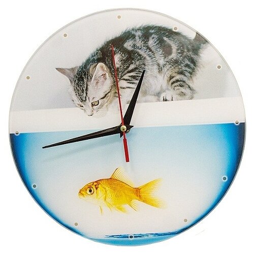 фото Часы настенные "котенок с рыбкой", стеклянные эврика