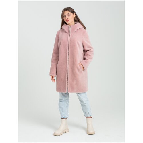 фото Куртка , овчина, укороченная, оверсайз, карманы, капюшон, размер 52, розовый риа