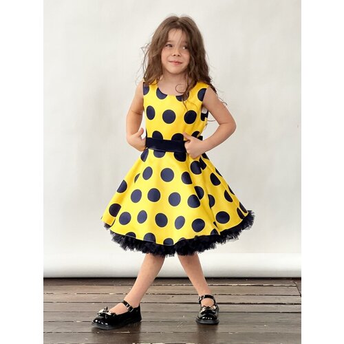 фото Платье для девочки нарядное бушон st20, стиляги цвет желтый, синий пояс, принт синий горох, размер 116