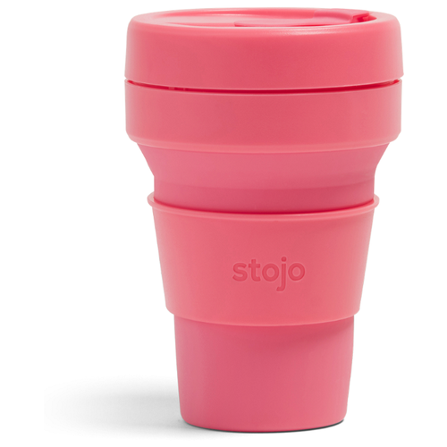 фото Многоразовый складной стакан stojo с крышкой для кофе с собой из пищевого силикона / стакан для кофе / кружка для кофе 355 мл, цвет peony