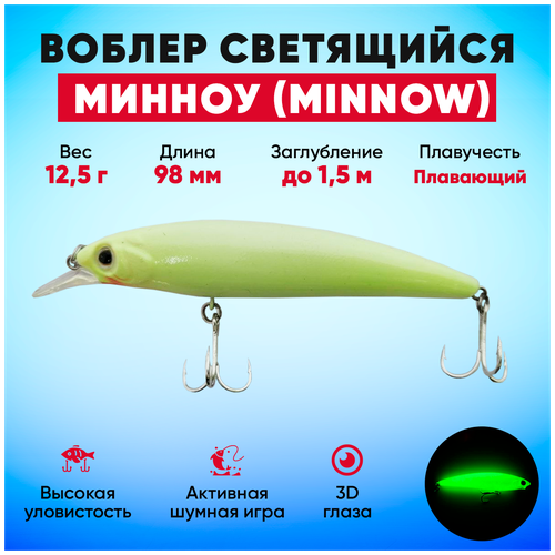 фото Воблер светящийся минноу (minnow) плавающий (12.5 г 98 мм) белый huntmaster