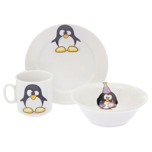 фото Набор посуды "пингвинчики ", 3 предмета: кружка 200 мл, салатник 360 мл, тарелка мелкая d=17 см добрушский фарфоровый завод