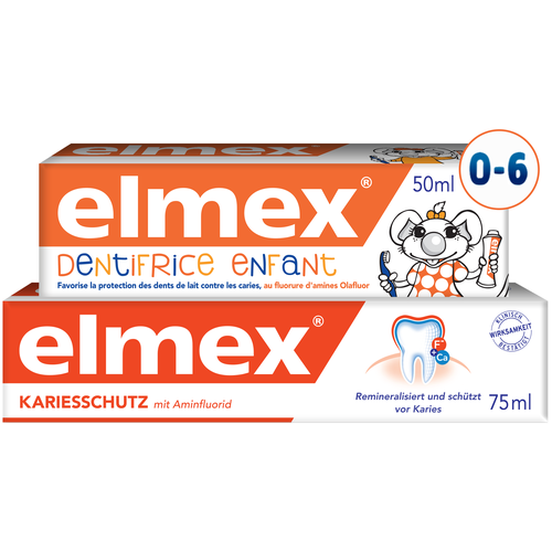 фото Набор зубных паст elmex детская от 1 до 6 лет, 50 мл + защита от кариеса, 75 мл