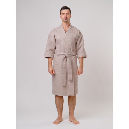 фото Халат вологодский текстильный комбинат, на завязках, укороченный рукав, банный халат, пояс/ремень, карманы, размер 50-52, коричневый