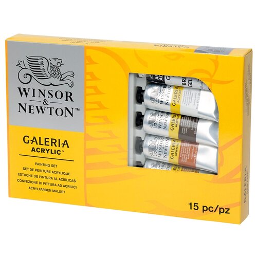 фото Краски акриловые winsor&newton «galeria», 9 цв., 60 мл/туба, доска, палитра, медиум для блеска, 2 кисти, картон. упак.