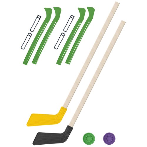 фото Набор зимний: 2 клюшки хоккейных жёлтая и чёрная 80 см.+2 шайбы + чехлы для коньков зеленые - 2 шт. винтер