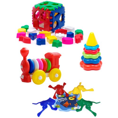 фото Набор развивающий игрушка "кубик логический большой" + пирамида детская малая + конструктор-каталка "паровозик" + команда ква №1, каролина тойз karolina toys