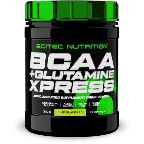 фото Аминокислоты bcaa 2:1:1, глютамин и таурин scitec nutrition bcaa+glutamine xpress, 5000 мг в порции, порошок 300 г, лайм