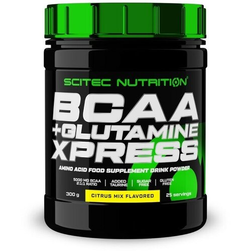 фото Аминокислоты bcaa 2:1:1, глютамин и таурин scitec nutrition bcaa+glutamine xpress, 5000 мг в порции, порошок 300 г, цитрусовый микс