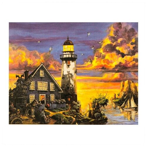 фото Роспись по холсту «маяк на закате» по номерам с красками по 3 мл+ кисти+инстр+крепеж, 30×40 см qwen