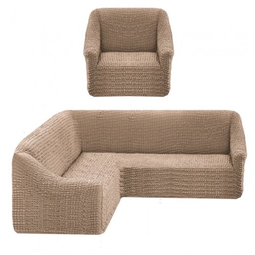 фото Karteks комплект чехлов на угловой диван и кресло echo цвет: молочный br21618 (одноместный,трехместный)