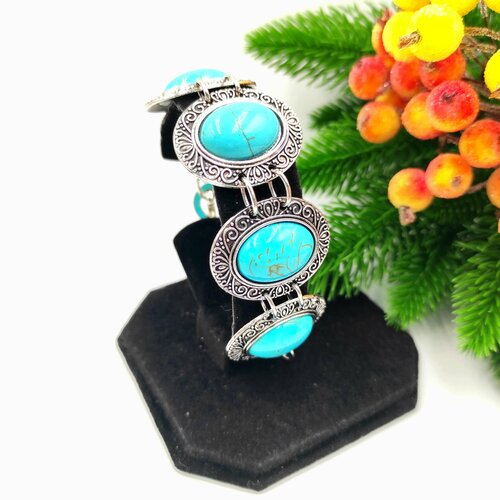 фото Жесткий браслет, искусственный камень, серебряный, бирюзовый нет бренда