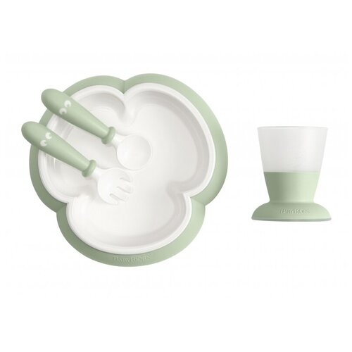 фото Набор для кормления (тарелка, кружка, ложка, вилка) нежно-зелёный babybjorn