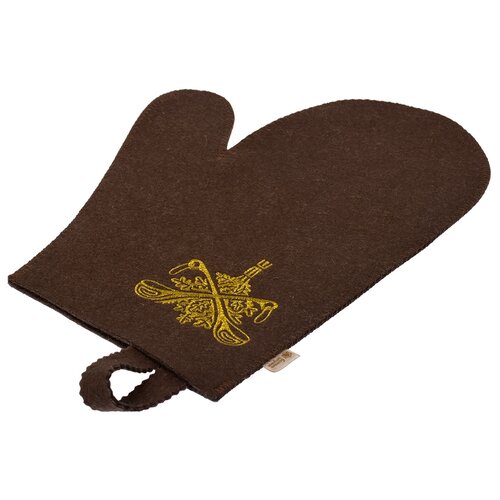 фото Рукавица для бани и сауны банные штучки, коричневая с вышитым логотипом