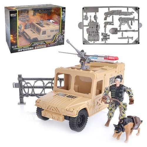фото Набор военный oubaoloon с джипом, фигуркой солдата с собакой и снаряжением, в коробке (6643a)