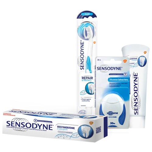 фото Набор средств sensodyne зубная паста восстановление и защита 75 мл + зубная щетка repair & protect + зубная нить объемная 30 м