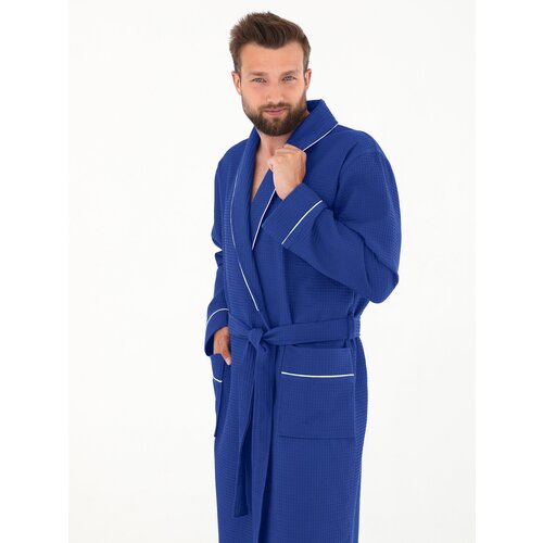 фото Халат everliness, застежка отсутствует, длинный рукав, банный халат, пояс/ремень, карманы, размер 54, синий