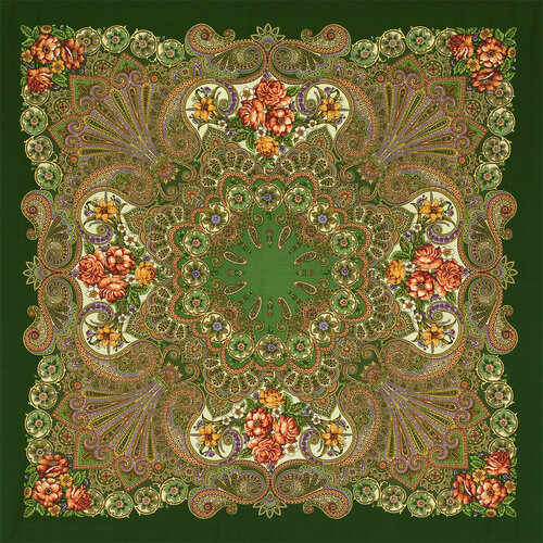фото Шаль павловопосадская платочная мануфактура, шерсть, с бахромой, 148х148 см, зеленый