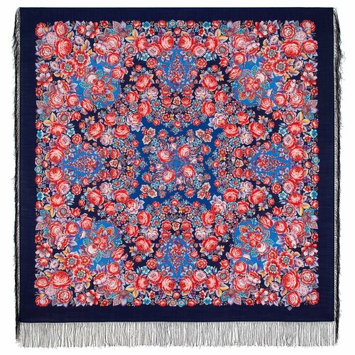 фото Платок павловопосадская платочная мануфактура,146х146 см, голубой, красный