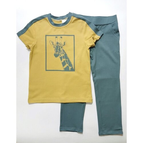 фото Комплект одежды детский, футболка и брюки, повседневный стиль, пояс на резинке, размер 104, хаки, горчичный crazy sun
