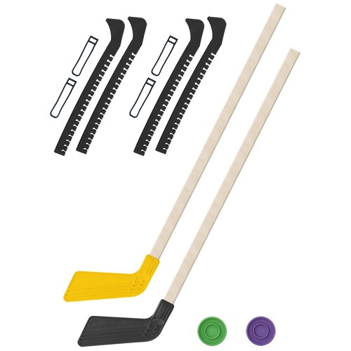 фото Набор зимний: 2 клюшки хоккейных жёлтая и чёрная 80 см.+2 шайбы + чехлы для коньков черные - 2 шт. винтер