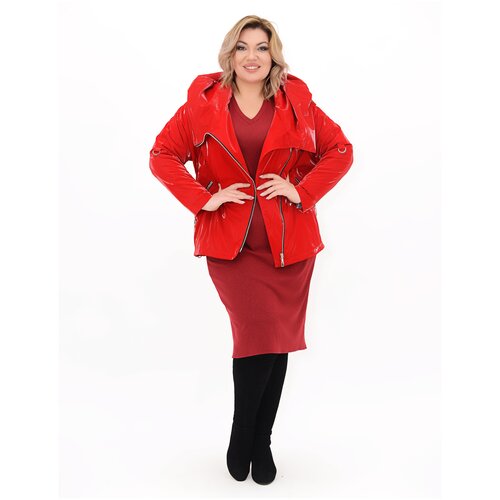 фото  куртка karmelstyle демисезонная, средней длины, оверсайз, подкладка, утепленная, капюшон, размер 56, красный