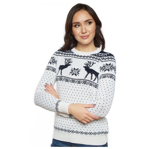 фото Новогодний женский свитер, классический скандинавский орнамент с оленями и снежинками, натуральная шерсть, белый цвет, размер m anymalls