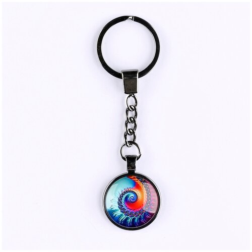 фото Брелок darifly цвета титан с большим кольцом для ключей, цепью и круглым рисунком "абстрактная разноцветная красно-голубая спираль