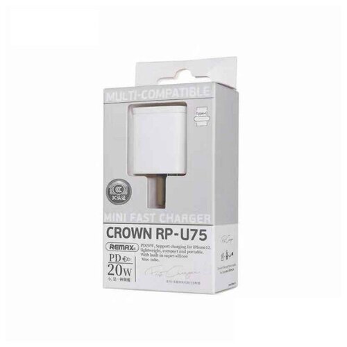 фото Remax crown mini fast charger rp-u75 зарядное устройство (type-c: 5v 20вт) белый
