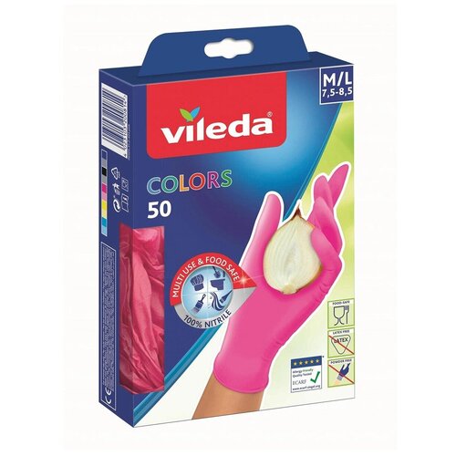 фото Перчатки vileda colors розовые, размер m/l, 50 штук