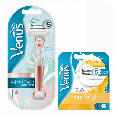 фото Набор gillette venus extra smooth sensitive rosegold + venus&olay, 4 шт