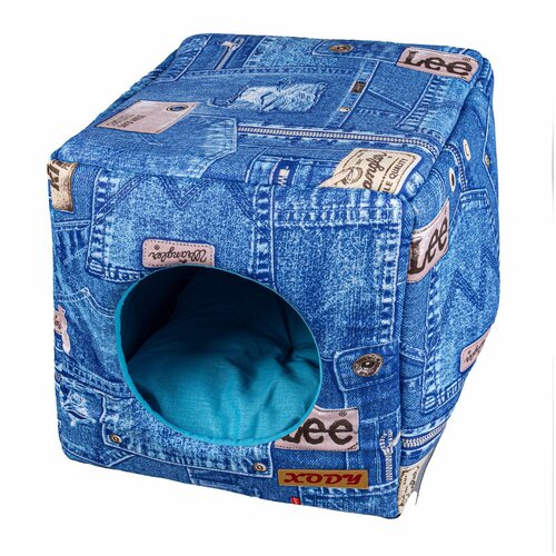фото Домик для собак и кошек xody куб трансформер 2 хлопок джинс 35х35х35 см джинс