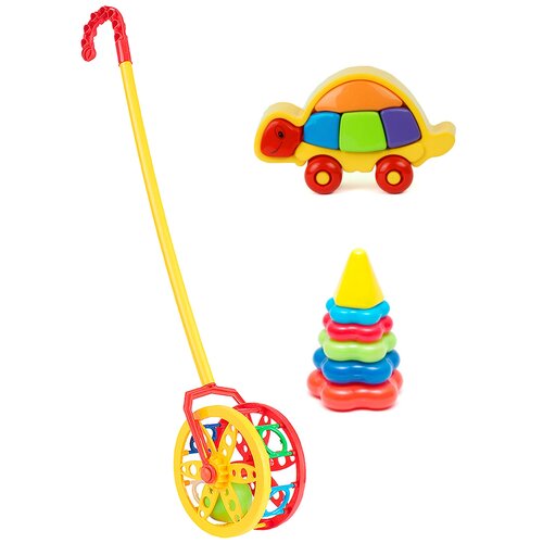 фото Набор развивающий: каталка "колесо" + логическая черепашка + пирамида детская малая karolina toys