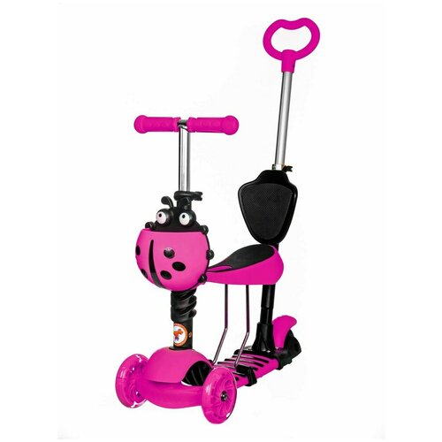 фото Самокат детский трехколесный +беговел игрокат букашка розовый со светящимися колесами и родительской ручкой