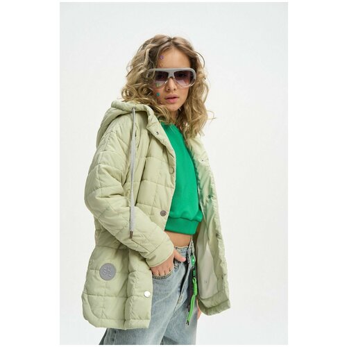 фото Бомбер шалуны, удлиненная, карманы, капюшон, размер 36, 146, зеленый