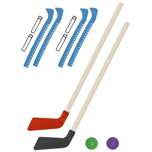 фото Набор зимний: 2 клюшки хоккейных красная и чёрная 80 см.+2 шайбы + чехлы для коньков голубые - 2 шт. винтер