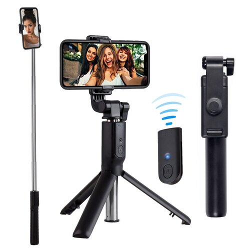 фото Монопод для селфи goodly selfie stick r6 со встроенным штативом триподом, регулируемым держателем для телефона и bluetooth пультом, черный
