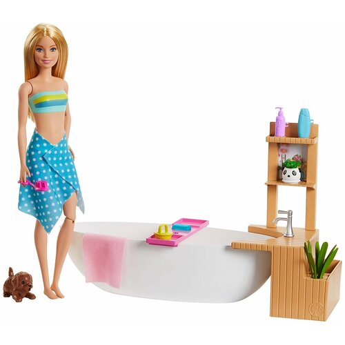 фото Игровой набор barbie fizzy bath блондинка с ванной и собачкой, gjn32