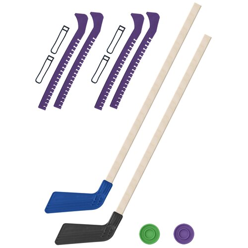 фото Набор зимний: 2 клюшки хоккейных синяя и чёрная 80 см.+2 шайбы + чехлы для коньков фиолетовые - 2 шт. винтер