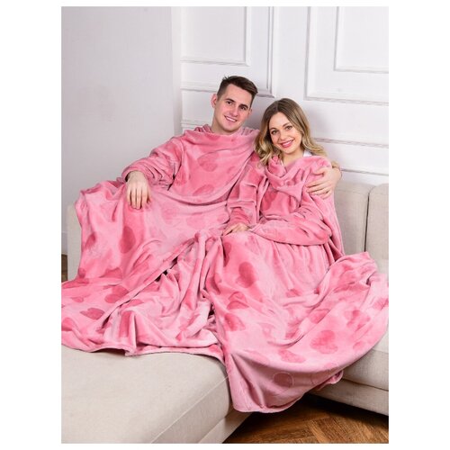 фото Плюшевый двойной плед с рукавами, плед-халат для двоих, розовый цвет, принт сердечки, размер 290x180 см shine