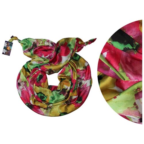 фото Шарф женский весенний, шёлк, вискоза, зелёный, красный, двойной шарф-долька оланж ассорти серия апрель с узелками