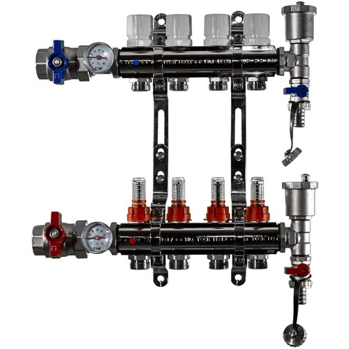 фото Коллекторная группа tim (ka004) 1", 4 вых., расходомер, воздухоотводчик, сливной кран, термометр