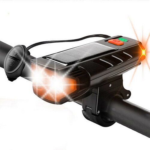 фото Велосипедный фонарь светодиодный аккумуляторный на солнечных батареях linnhill с звуковым сигналом для велосипеда и самоката водозащищенный передний