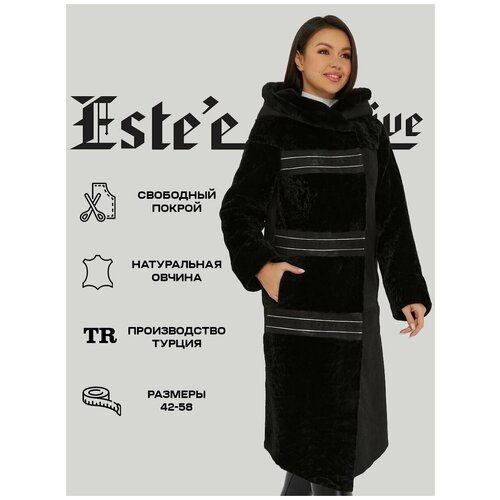 фото Дубленка классическая este'e exclusive fur&leather, овчина, удлиненная, силуэт прямой, капюшон, размер 52, черный