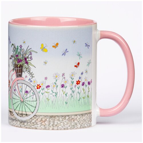 фото Кружка darifly белая глянцевая с розовой ручкой и розовой внутренней поверхностью, с рисунком "розовый велосипед с корзиной цветов" (серия "велосипеды с корзинками с цветами")